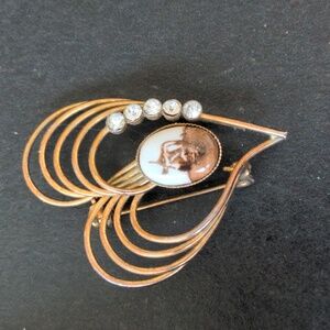 Vintage Danish gold tone asymmetric open hearts brooch pin, painted porcelain